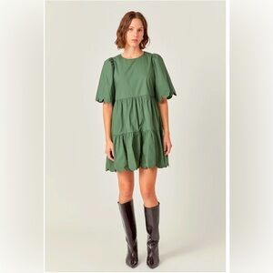 Green Puff Sleeve Scallop Dress NWT